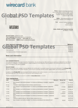 Payoneer bank Wire card bank statement Template