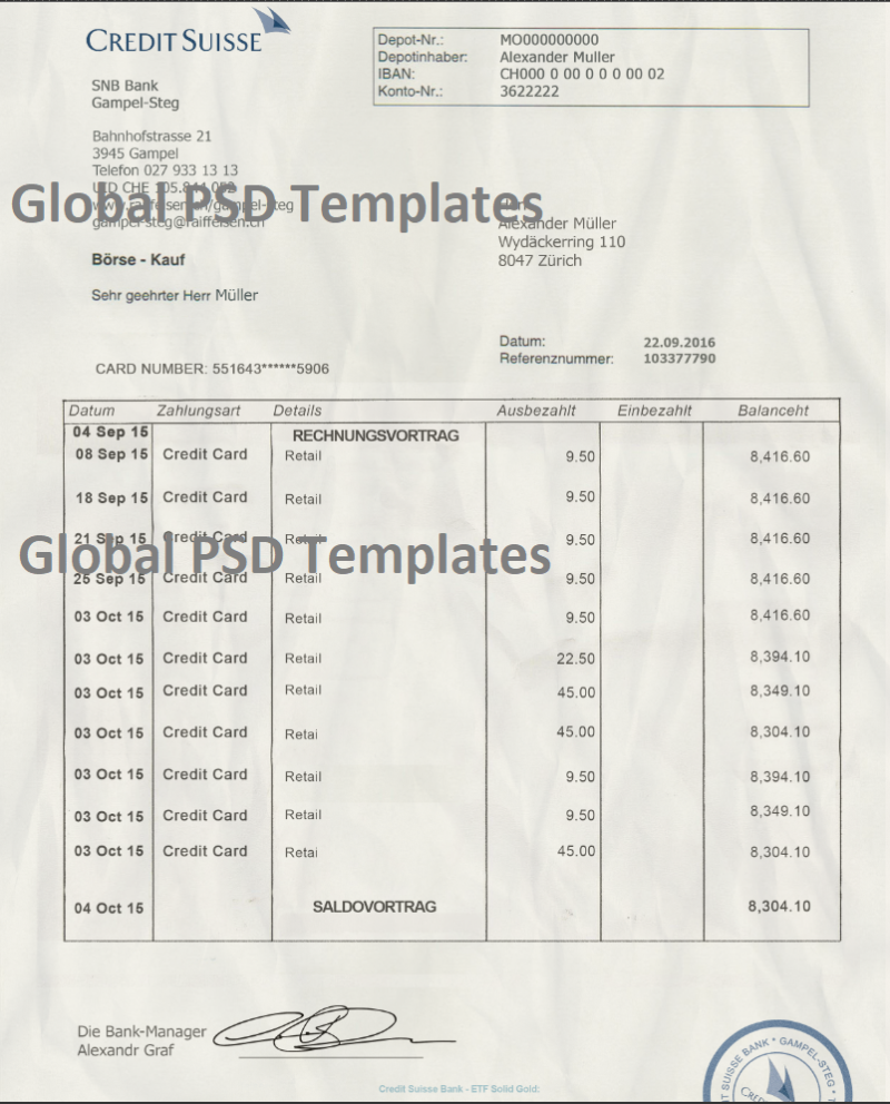 Swiss Bank Statement Template