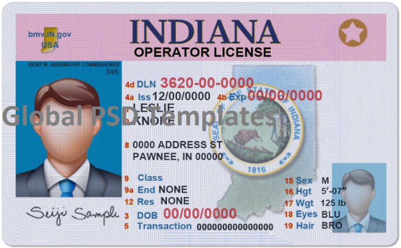 Indiana Drivers License Template (Front & Back) V1