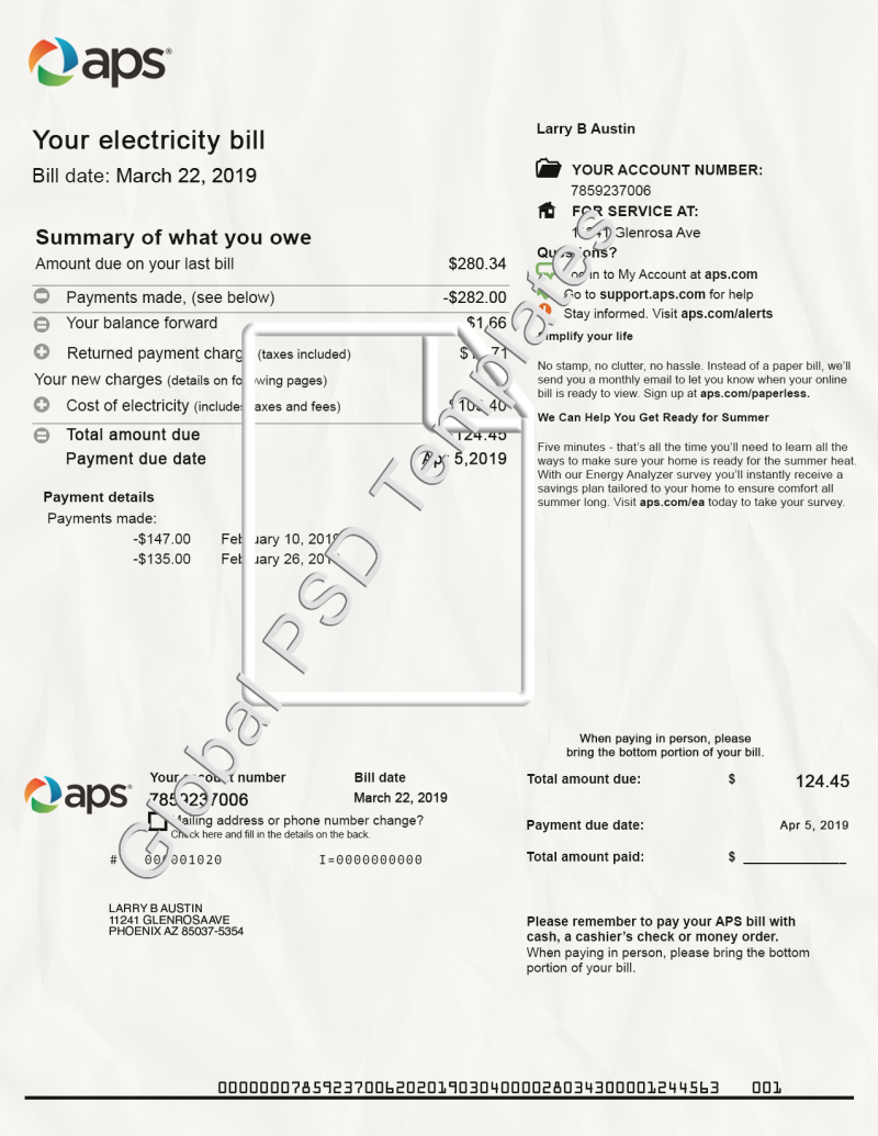 Arizona Electricity Bill PSD Template