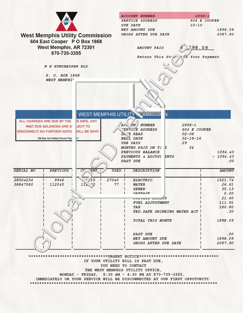 Arkansas Utility Bill PSD Template