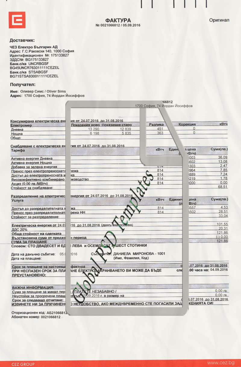 Bulgaria Electricity Bill PSD Template