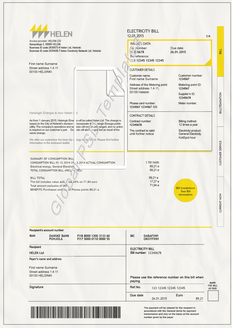 Finland Utility Bill PSD Template