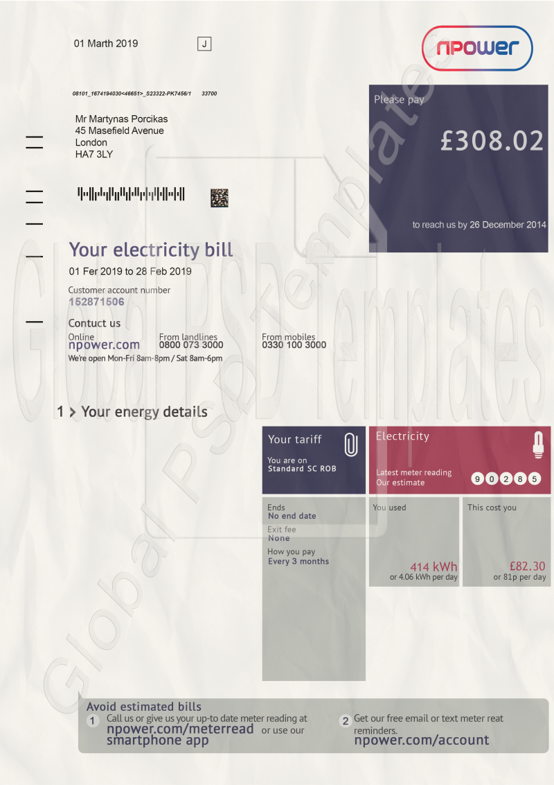 Npower Utility Bill PSD Template